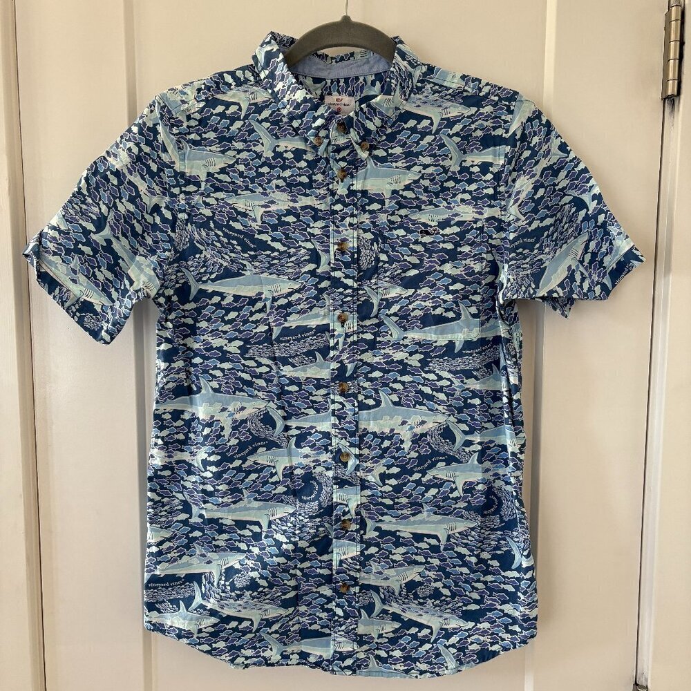 Vineyard Vines x Target Button Down Shirt Boys XL Blue Shark Fish Cruise Preppy